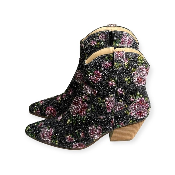 new Betsey Johnson ✿ Diva Crystal Floral Chelsea Ankle Cowboy Boot ✿ Black 8.5M - Picture 7 of 16